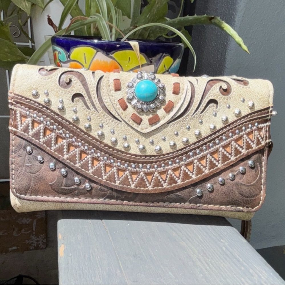 Turquoise Concho Embellished Western Wallet - Women Bags